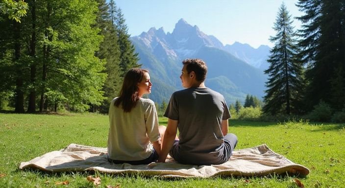 Ein Paar sitzt entspannt auf einer Picknickdecke im Park. Ein Paar sitzt entspannt auf einer Picknickdecke im Park