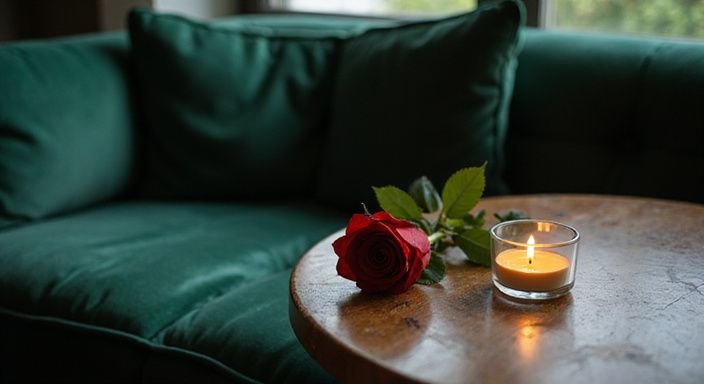 Ein samtiges grünes Sofa mit einer roten Rose und einer Kerze. Ein samtiges grünes Sofa mit einer roten Rose und einer Kerze