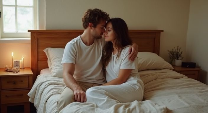 Ein Paar teilt einen intimen Moment in einem gemütlichen Schlafzimmer. Ein Paar teilt einen intimen Moment in einem gemütlichen Schlafzimmer