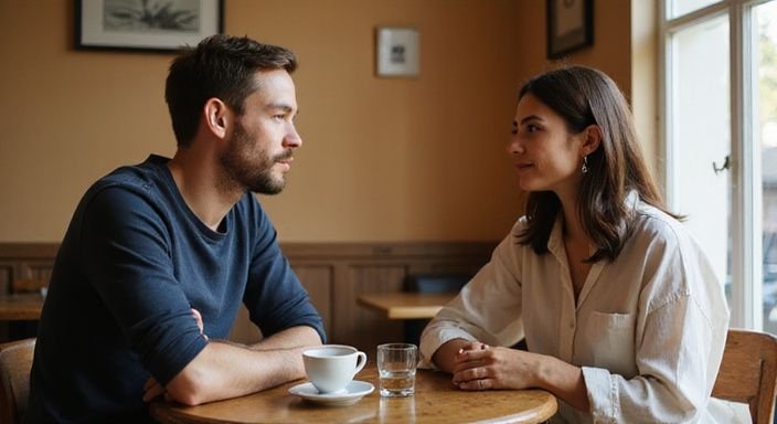 Zwei Personen treffen sich zum ersten Mal in einem gemütlichen Café. Zwei Personen treffen sich zum ersten Mal in einem gemütlichen Café