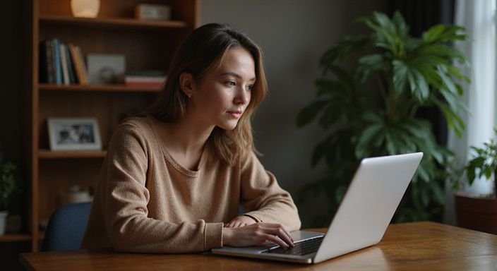 Eine Frau sitzt konzentriert an einem Holztisch mit Laptop. Eine Frau sitzt konzentriert an einem Holztisch mit Laptop