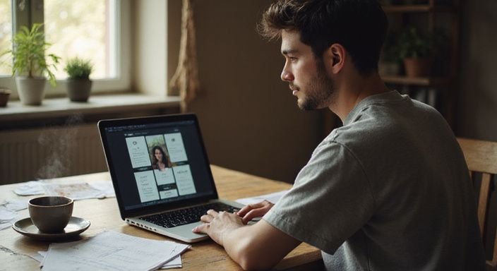 Eine Person arbeitet konzentriert an einem Laptop mit Dating-Apps. Eine Person arbeitet konzentriert an einem Laptop mit Dating Apps