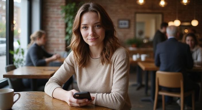 Eine Frau in einem Café genießt ihren Kaffee und entspannt. Eine Frau in einem Café genießt ihren Kaffee und entspannt