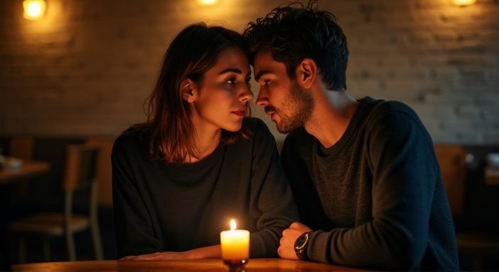 Ein Mann und eine Frau teilen einen intensiven Moment in einem Restaurant. Ein Mann und eine Frau teilen einen intensiven Moment in einem Restaurant