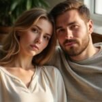 Ein Paar sitzt nah beieinander auf einem gemütlichen Sofa