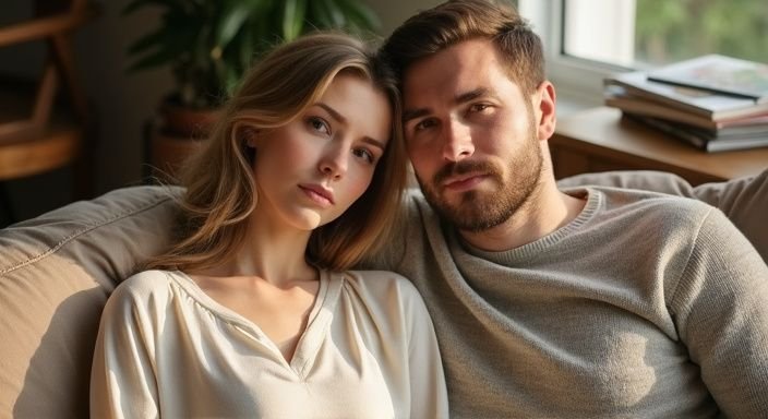 Ein Paar sitzt nah beieinander auf einem gemütlichen Sofa