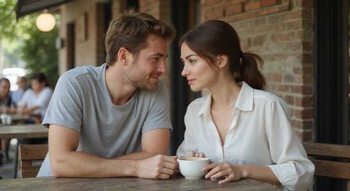 Ein junges Paar hat eine intime Unterhaltung bei Kaffee im Freien. Ein junges Paar hat eine intime Unterhaltung bei Kaffee im Freien
