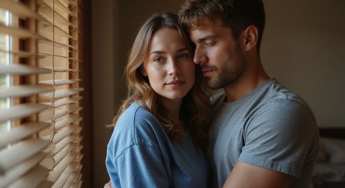 Ein Paar umarmt sich liebevoll in einem Schlafzimmer