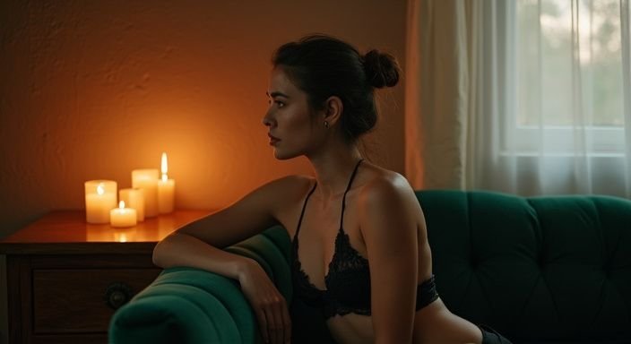 Eine Frau in eleganter Unterwäsche lehnt entspannt gegen ein samtenes Sofa