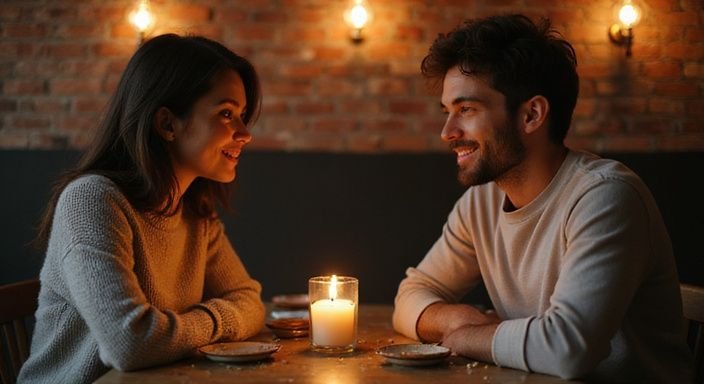 Ein Paar genießt ein intimes Abendessen in einem gemütlichen Restaurant. Ein Paar genießt ein intimes Abendessen in einem gemütlichen Restaurant