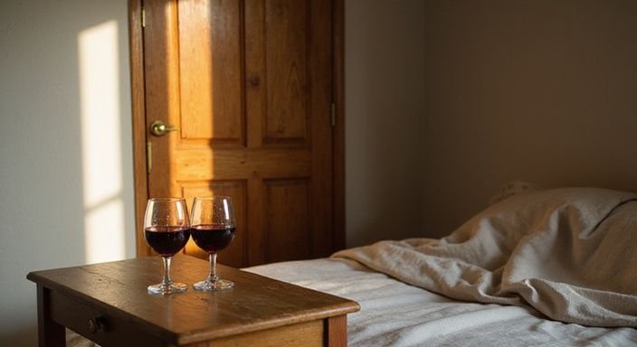 Ein ruhiges Schlafzimmer mit Holzdetails und Wein in Kristallgläsern. Ein ruhiges Schlafzimmer mit Holzdetails und Wein in Kristallgläsern