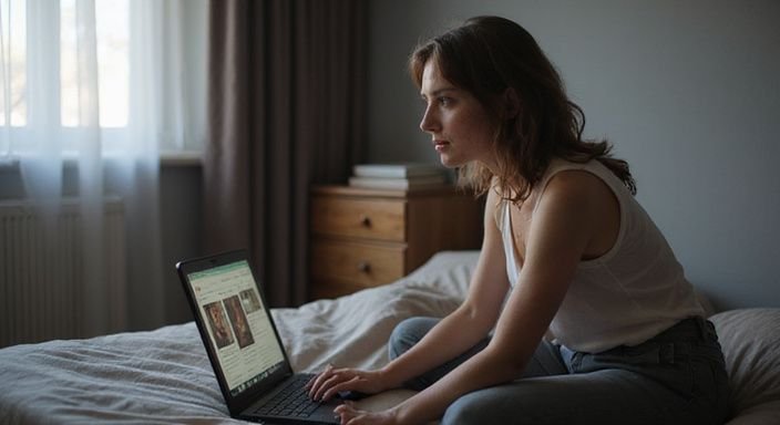 Eine Frau sitzt konzentriert auf dem Bett und schaut auf ihren Laptop. Eine Frau sitzt konzentriert auf dem Bett und schaut auf ihren Laptop