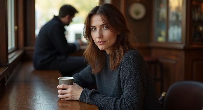 Eine Frau sitzt entspannt an einer Bar und genießt ihren Kaffee. Eine Frau sitzt entspannt an einer Bar und genießt ihren Kaffee