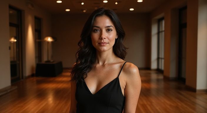 Eine Frau in einem eleganten schwarzen Abendkleid zeigt ruhige Selbstsicherheit