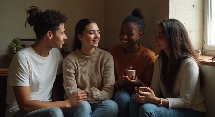 Eine Gruppe junger Erwachsener in entspannter, intimer Atmosphäre