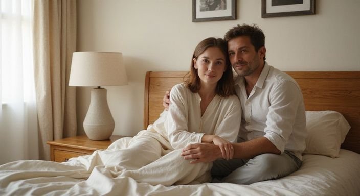 Ein Paar sitzt entspannt am Bett in einem gemütlichen Schlafzimmer