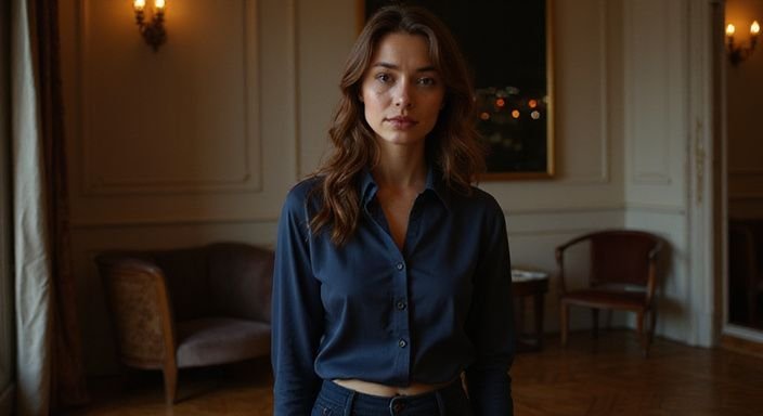 Eine nachdenkliche Frau steht in einem eleganten, intimen Raum