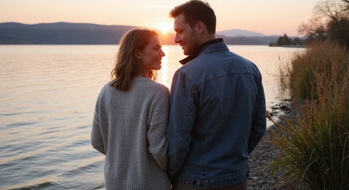 Ein Paar steht am Ufer des Genfersees und genießt den Sonnenuntergang