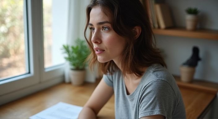 Eine konzentrierte Frau arbeitet an ihrem Schreibtisch im Homeoffice. Eine konzentrierte Frau arbeitet an ihrem Schreibtisch im Homeoffice