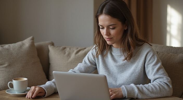 Eine Frau sitzt entspannt mit einem Laptop in ihrem Wohnzimmer. Eine Frau sitzt entspannt mit einem Laptop in ihrem Wohnzimmer