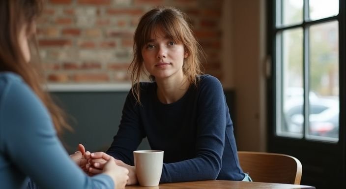 Eine junge Frau sitzt entspannt in einem Café und lächelt. Eine junge Frau sitzt entspannt in einem Café und lächelt