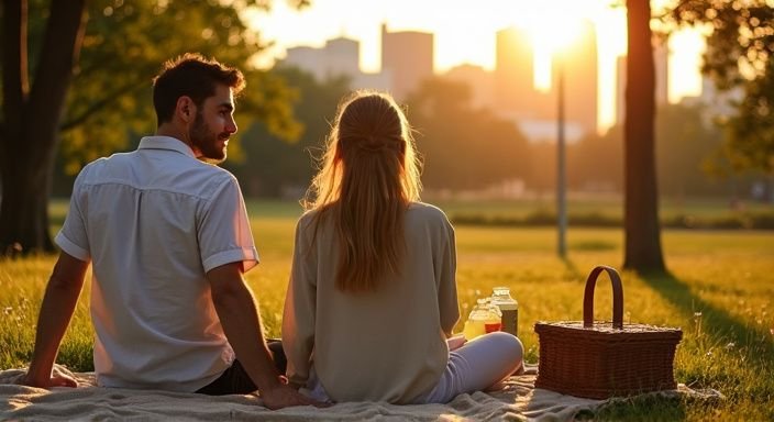 Ein Paar genießt einen entspannten Moment im Park mit frischem Essen. Ein Paar genießt einen entspannten Moment im Park mit frischem Essen