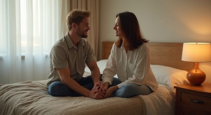 Ein Paar sitzt nah beieinander auf einem Bett und spricht. Ein Paar sitzt nah beieinander auf einem Bett und spricht