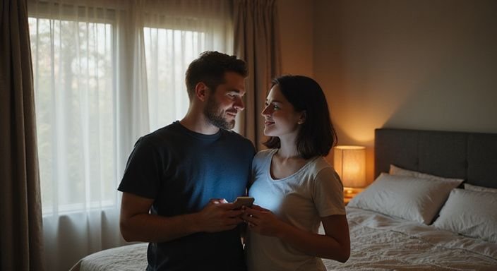 Ein junges Paar steht nahe beieinander in einem Schlafzimmer. Ein junges Paar steht nahe beieinander in einem Schlafzimmer