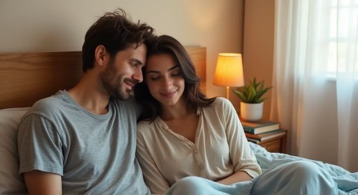 Ein Paar sitzt entspannt auf einem Bett und lächelt einander zu. Ein Paar sitzt entspannt auf einem Bett und lächelt einander zu