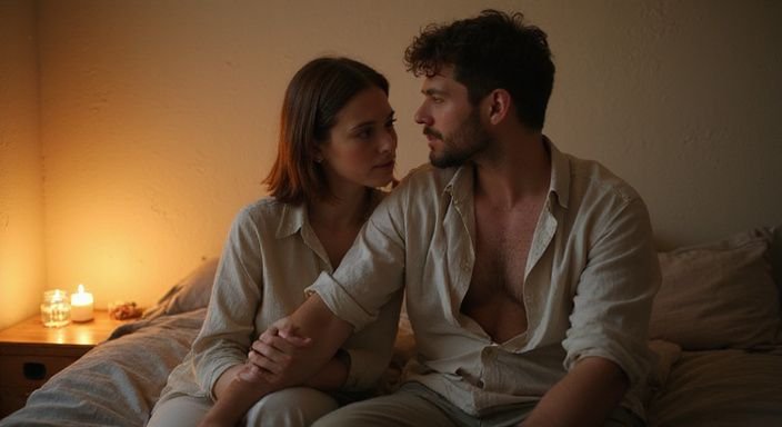 Ein Paar teilt einen intimen Moment in einem gemütlichen Schlafzimmer. Ein Paar teilt einen intimen Moment in einem gemütlichen Schlafzimmer