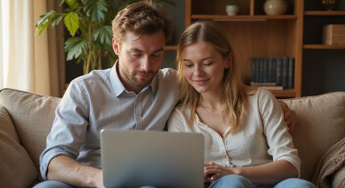 Ein Paar sitzt entspannt auf einem Sofa und arbeitet am Laptop. Ein Paar sitzt entspannt auf einem Sofa und arbeitet am Laptop und suche Sexkontakte in Niederösterreich.