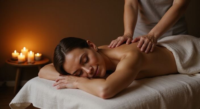 Eine entspannte Frau erhält eine Massage in einem privaten Studio. Eine entspannte Frau erhält eine Massage in einem privaten Studio.