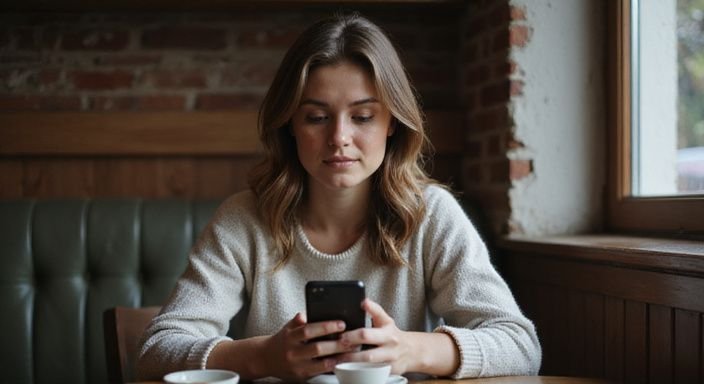 Eine Frau sitzt nachdenklich in einem gemütlichen Café und nutzt ihr Smartphone. Eine Frau sitzt nachdenklich in einem gemütlichen Café und nutzt ihr Smartphone.