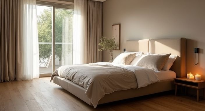 Elegantes Schlafzimmer in warmen Tönen mit beruhigender Atmosphäre. Elegantes Schlafzimmer in warmen Tönen mit beruhigender Atmosphäre.