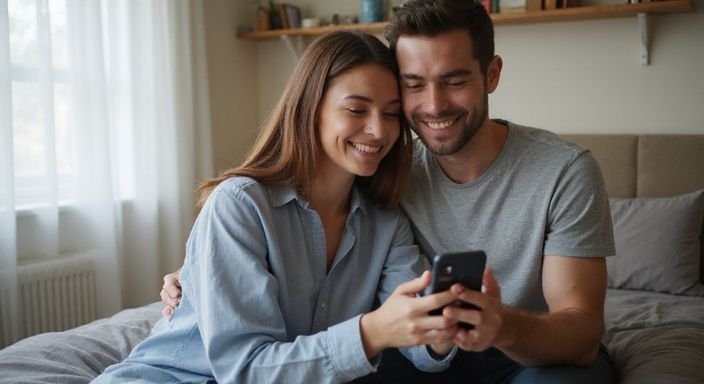 Ein junges Paar sitzt lächelnd auf dem Bett und nutzt ein Smartphone. Ein junges Paar sitzt lächelnd auf dem Bett und nutzt ein Smartphone