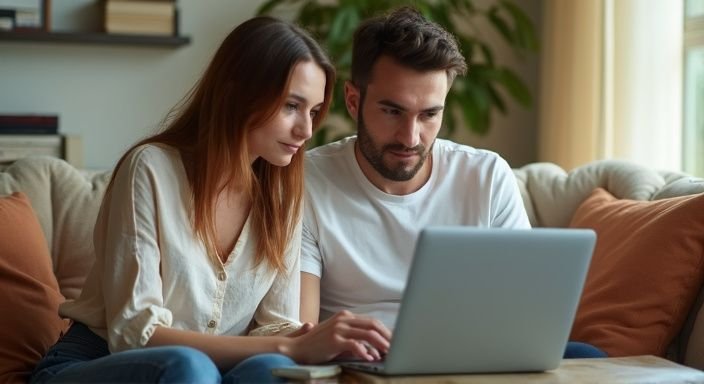 Ein Paar sitzt auf einem Sofa und schaut aufmerksam auf einen Laptop. Ein Paar sitzt auf einem Sofa und schaut aufmerksam auf einen Laptop