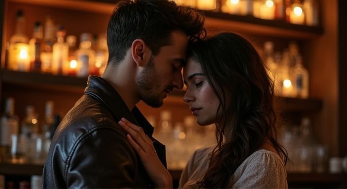 Ein junges Paar umarmt sich innig in einer gemütlichen Bar. Ein junges Paar umarmt sich innig in einer gemütlichen Bar
