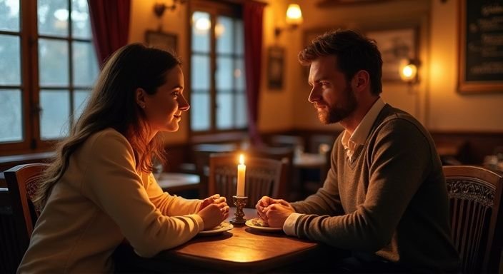 Ein Paar genießt ein entspanntes Abendessen in einem gemütlichen Restaurant. Ein Paar genießt ein entspanntes Abendessen in einem gemütlichen Restaurant