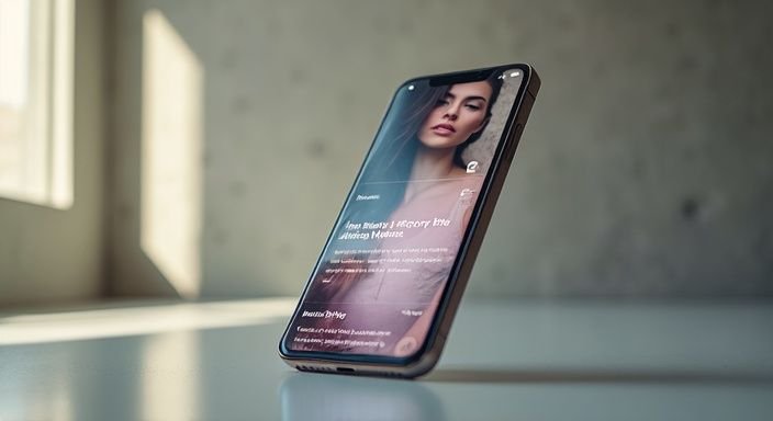 Ein modernes Smartphone zeigt ein lebendiges Dating-Profil auf einem matten Untergrund. Ein modernes Smartphone zeigt ein lebendiges Dating Profil auf einem matten Untergrund