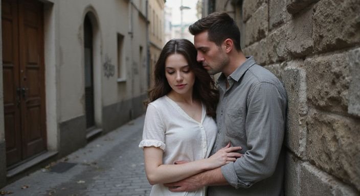 Ein Paar umarmt sich innig in einer engen Gasse. Ein Paar umarmt sich innig in einer engen Gasse und wollen sexkontakte in Graz.