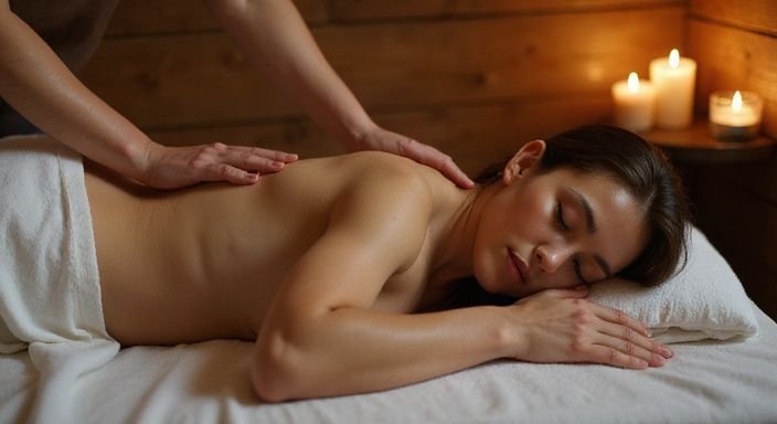 Eine Frau entspannt sich während einer Massage in einem ruhigen Raum. Eine Frau entspannt sich während einer Massage in einem ruhigen Raum.