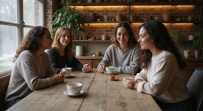 Eine Gruppe von Frauen genießt entspanntes Gespräch in einem Café. Eine Gruppe von Frauen genießt entspanntes Gespräch in einem Café.