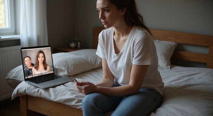 Eine Frau betrachtet aufmerksam Profile von Frauen auf ihrem Laptop. Eine Frau betrachtet aufmerksam Profile von Frauen auf ihrem Laptop.