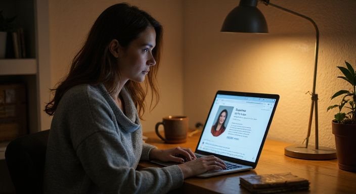 Eine konzentrierte Frau sitzt an einem Schreibtisch und nutzt ihren Laptop. Eine konzentrierte Frau sitzt an einem Schreibtisch und nutzt ihren Laptop.