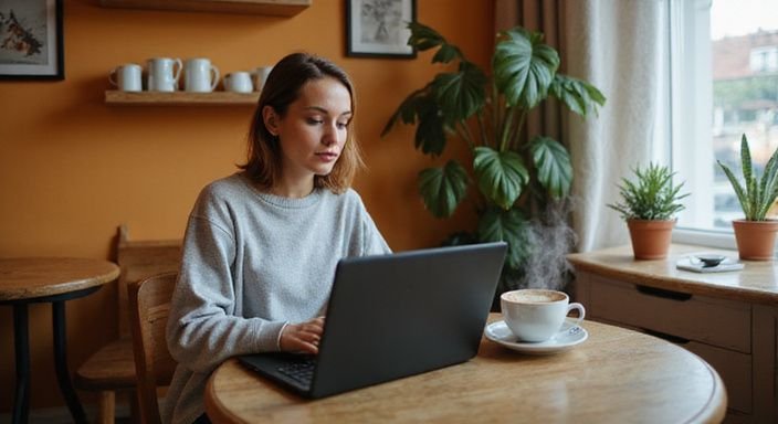 Eine konzentrierte Frau arbeitet an ihrem Laptop in einem Café. Eine konzentrierte Frau arbeitet an ihrem Laptop in einem Café.