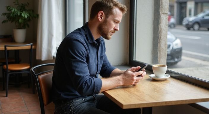Ein Mann sitzt alleine in einem Café und schaut auf sein Smartphone. Ein Mann sitzt alleine in einem Café und schaut auf sein Smartphone und suche sexkontakte in Graz.