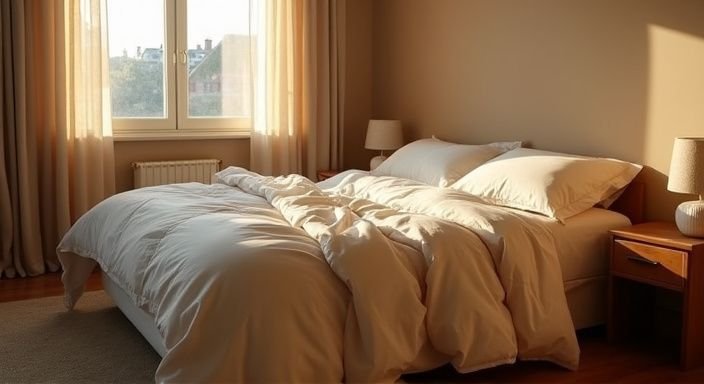 Ein elegantes Schlafzimmer in Graz mit einem gemütlichen Bett und Holzfußboden. Ein elegantes Schlafzimmer in Graz mit einem gemütlichen Bett und Holzfußboden.