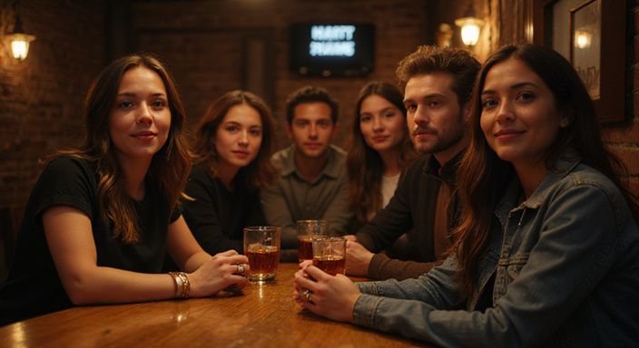 Eine Gruppe von Menschen interagiert in einem gemütlichen Club. Eine Gruppe von Menschen interagiert in einem gemütlichen Club.