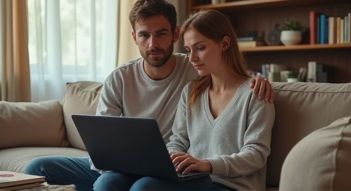 Ein Paar sitzt auf einem Sofa und nutzt gemeinsam einen Laptop. Ein Paar sitzt auf einem Sofa und nutzt gemeinsam einen Laptop und suche Sexkontakte in Oberösterreich.