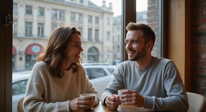 Ein lächelndes Paar genießt Kaffee in einem gemütlichen Café. Ein lächelndes Paar genießt Kaffee in einem gemütlichen Café.